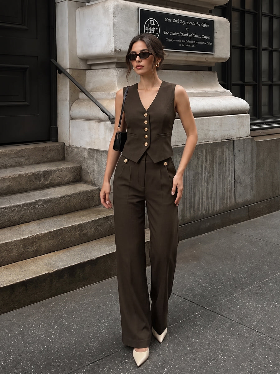 V-neck button-front cropped fitted vest and wide-leg trousers set