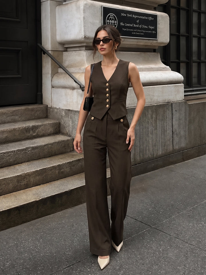 V-neck button-front cropped fitted vest and wide-leg trousers set