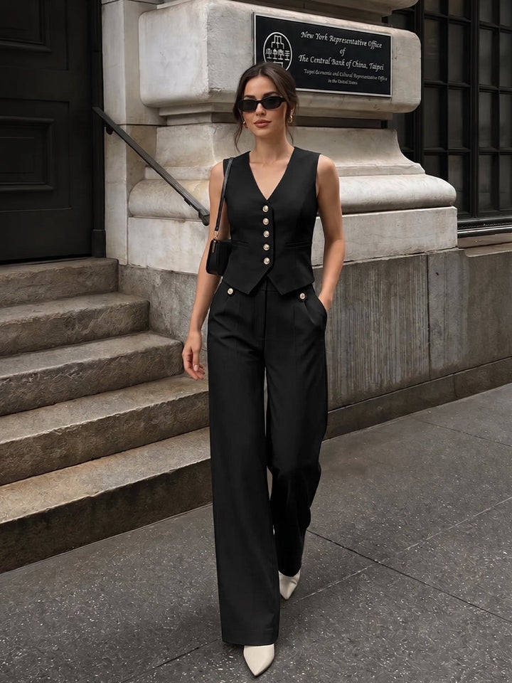 V-neck button-front cropped fitted vest and wide-leg trousers set