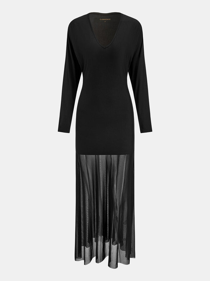 V‑Neck Long Sleeve Mesh Hem Maxi Dress