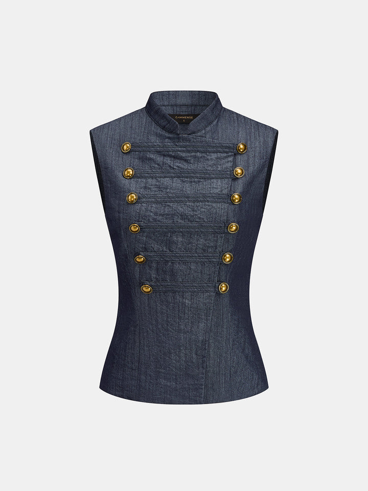 Faux Denim Napoleon Double Breasted Vest