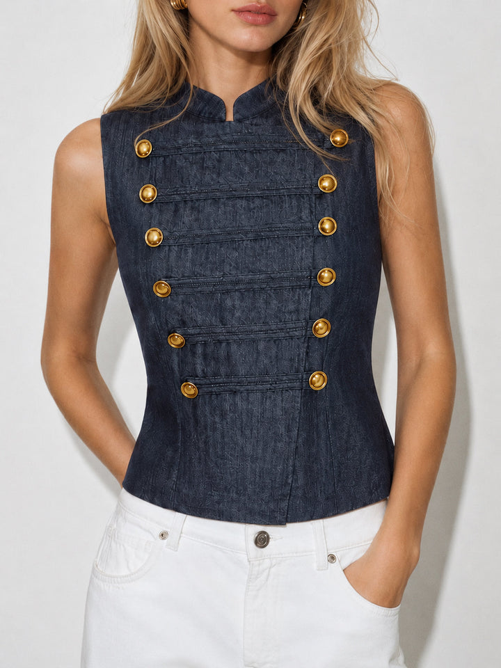 Faux Denim Napoleon Double Breasted Vest