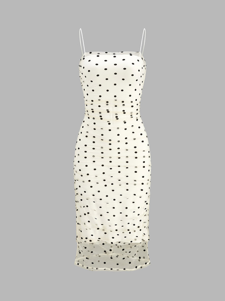 Polka Dot Mesh Ruched Cami Midi Dress