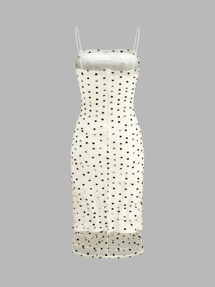 Polka Dot Mesh Ruched Cami Midi Dress