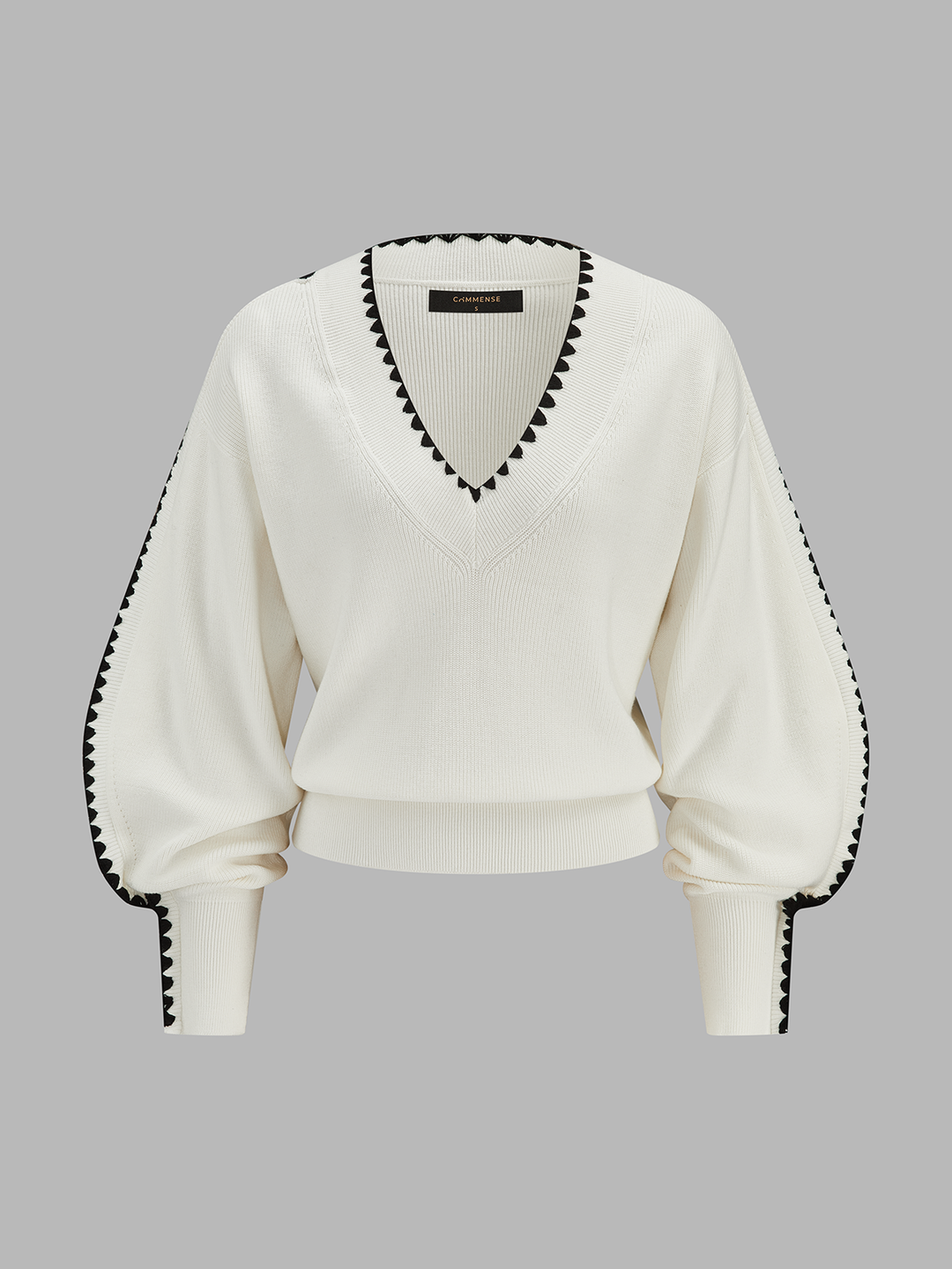 Contrast Stitch V‑Neck Balloon Sleeve Sweater