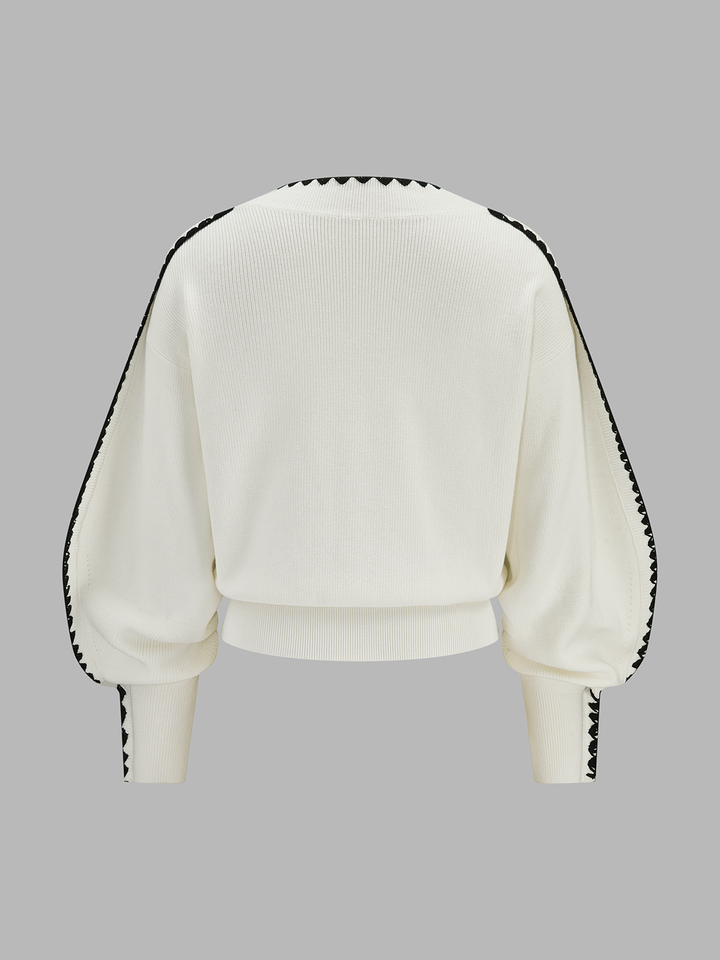 Contrast Stitch V‑Neck Balloon Sleeve Sweater