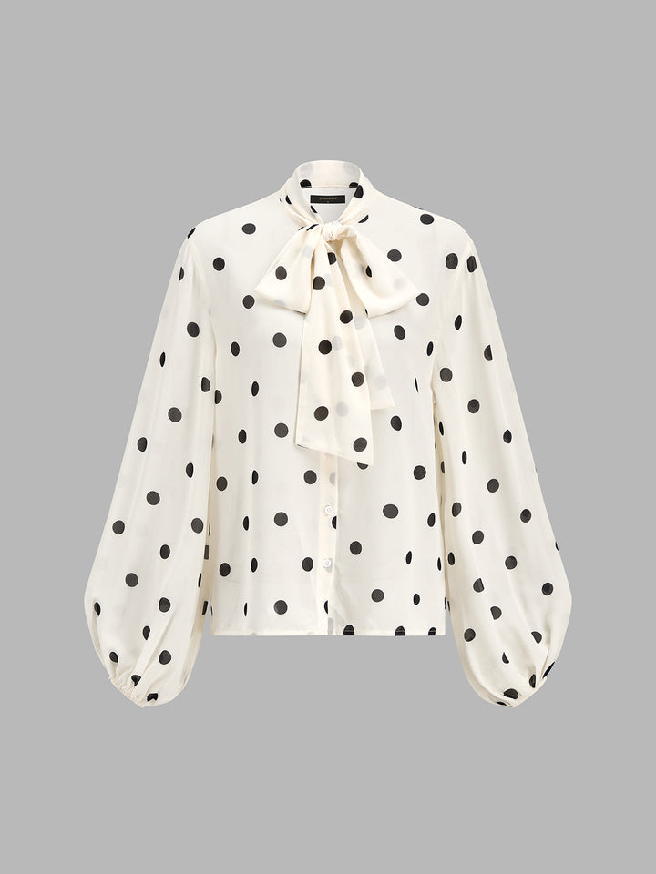 Bow Neck Polka Dot Lantern Sleeve Blouse