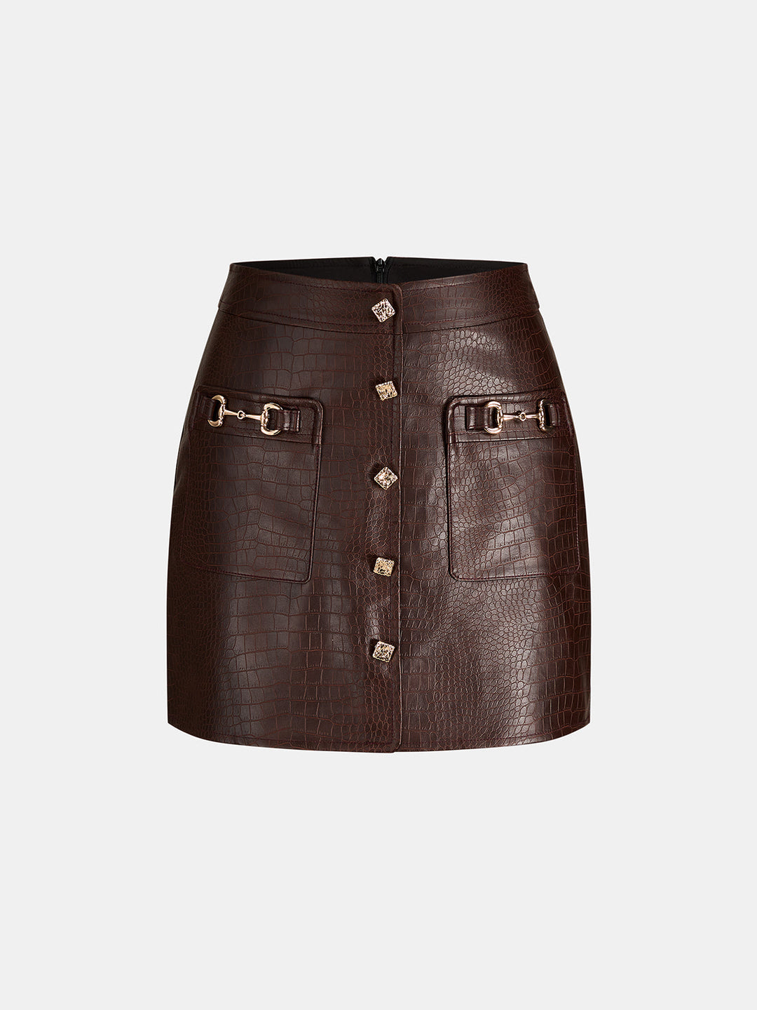 Horsebit Detail Croc‑Embossed Faux Leather Mini Skirt