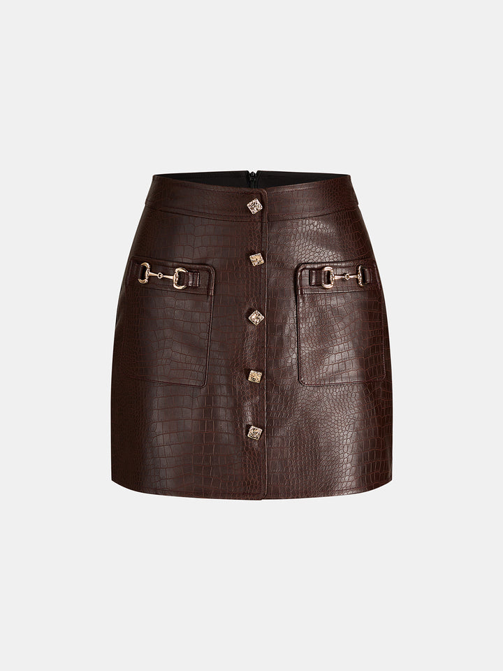 Horsebit Detail Croc‑Embossed Faux Leather Mini Skirt