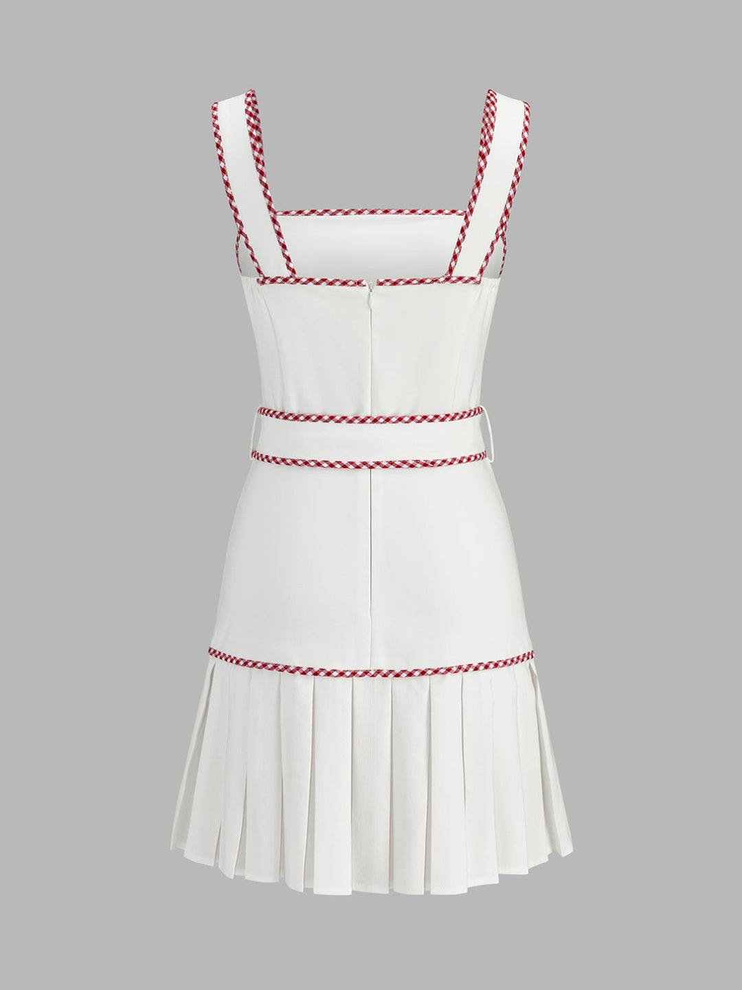 Gingham Trim Belted Pleated Mini Dress