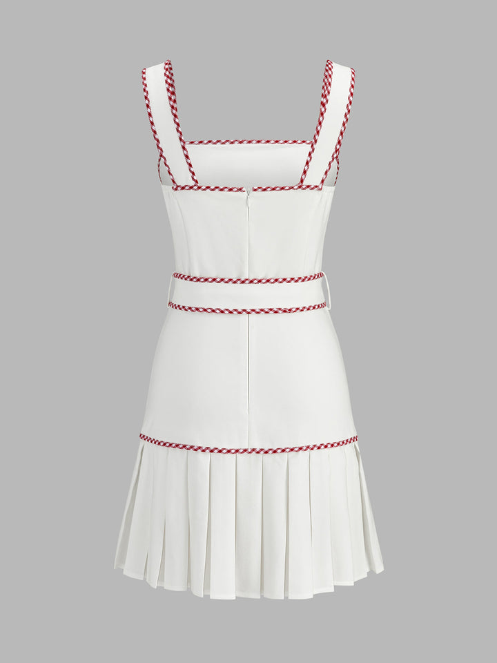 Gingham Trim Belted Pleated Mini Dress