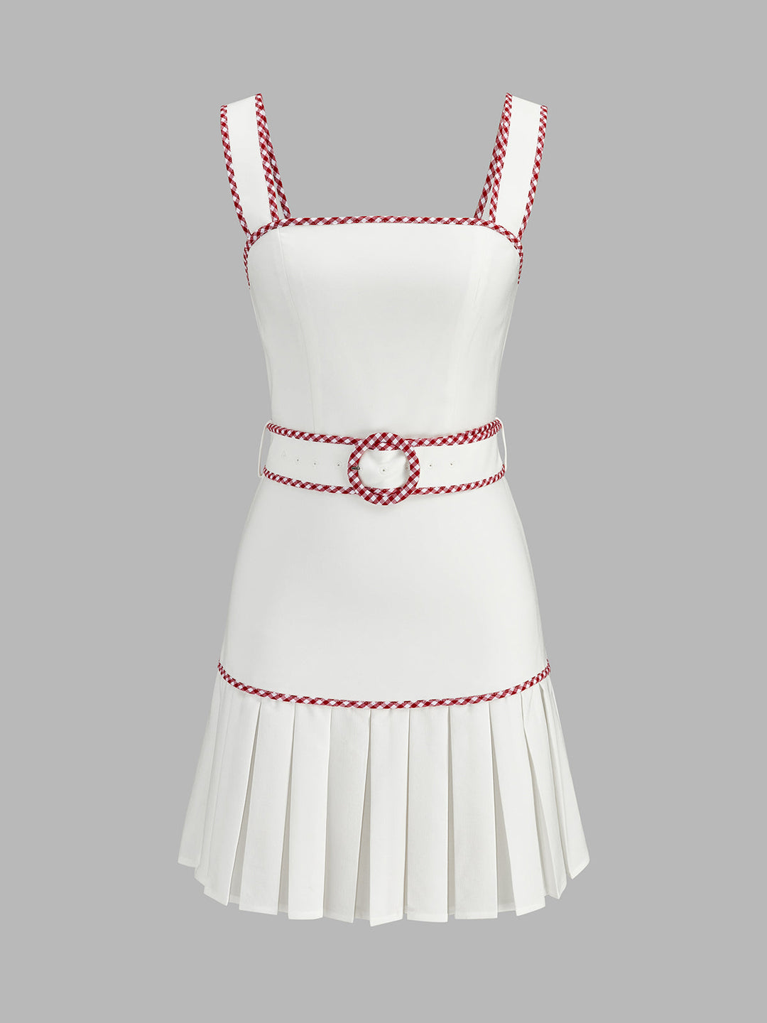 Gingham Trim Belted Pleated Mini Dress