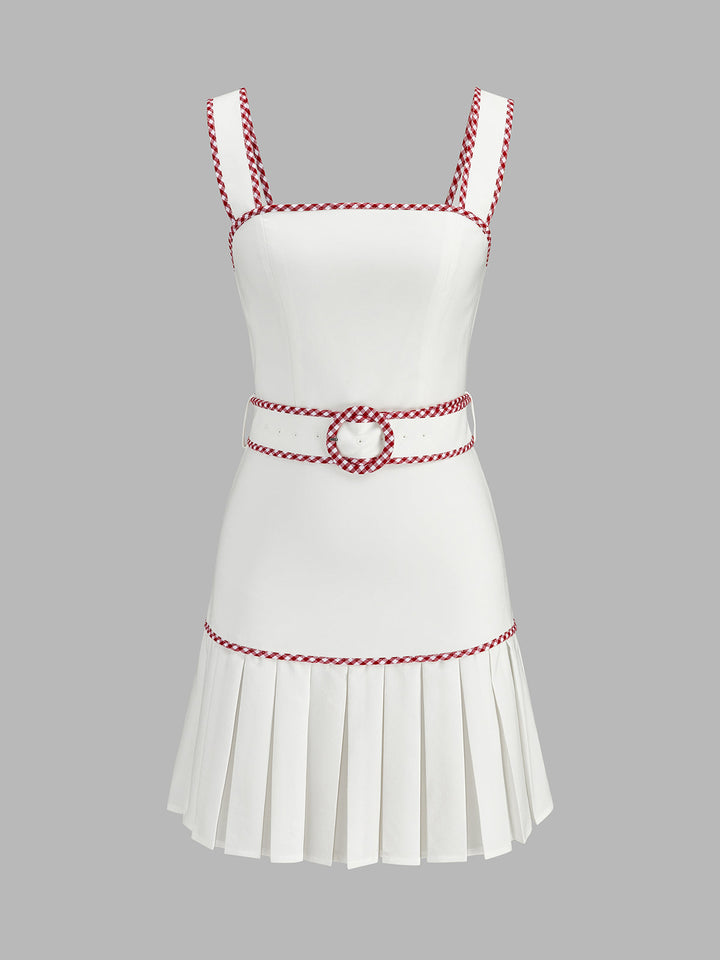 Gingham Trim Belted Pleated Mini Dress