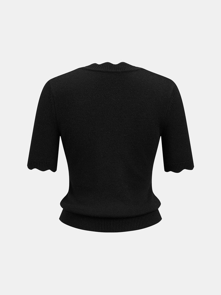 Wool Blend Scallop Edge Short‑Sleeve Knit Top