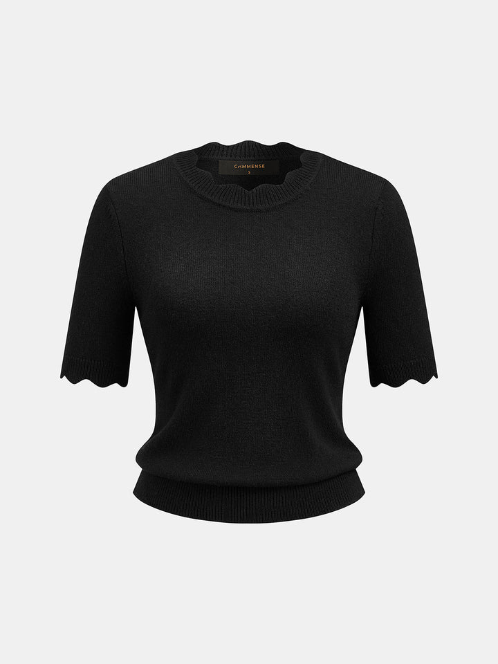 Wool Blend Scallop Edge Short‑Sleeve Knit Top