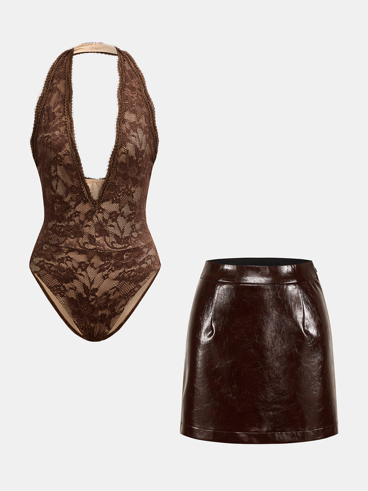 Lace Halter Bodysuit & Faux Leather Mini Skirt Set