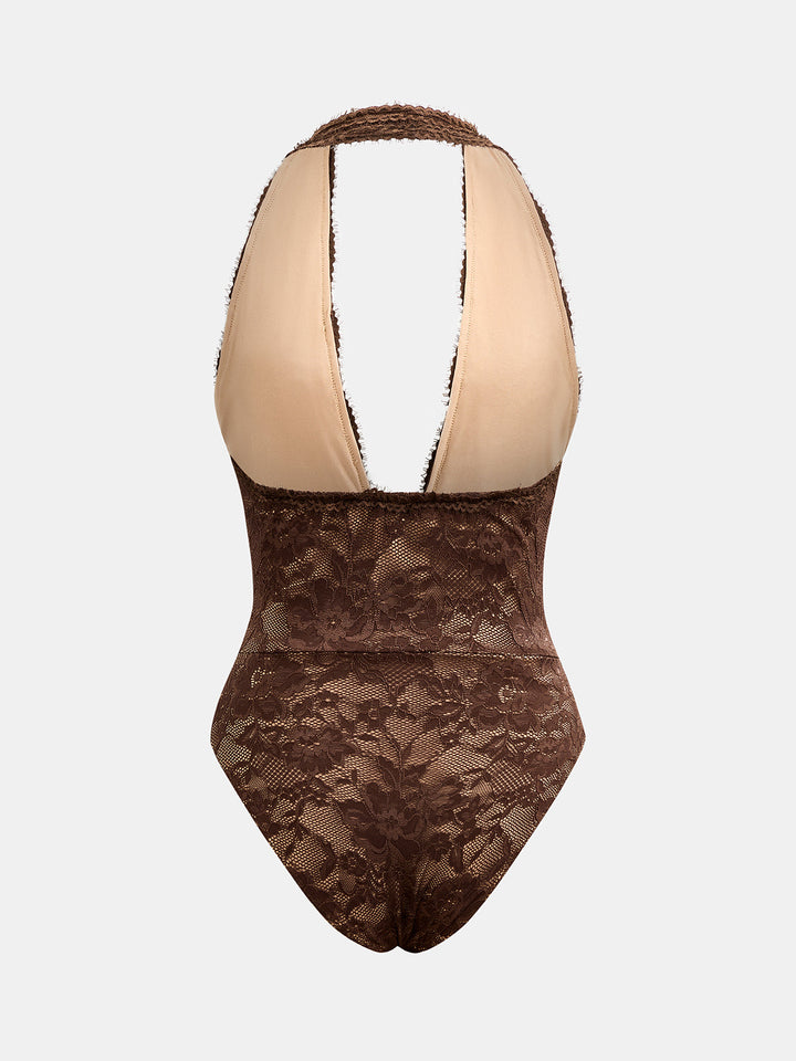 Lace Halter Bodysuit & Faux Leather Mini Skirt Set