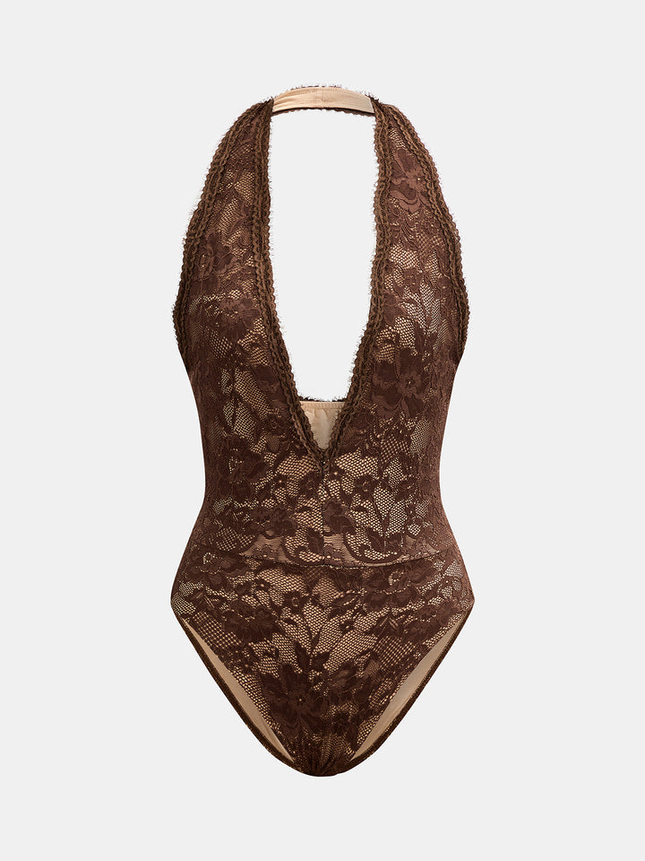 Lace Halter Bodysuit & Faux Leather Mini Skirt Set