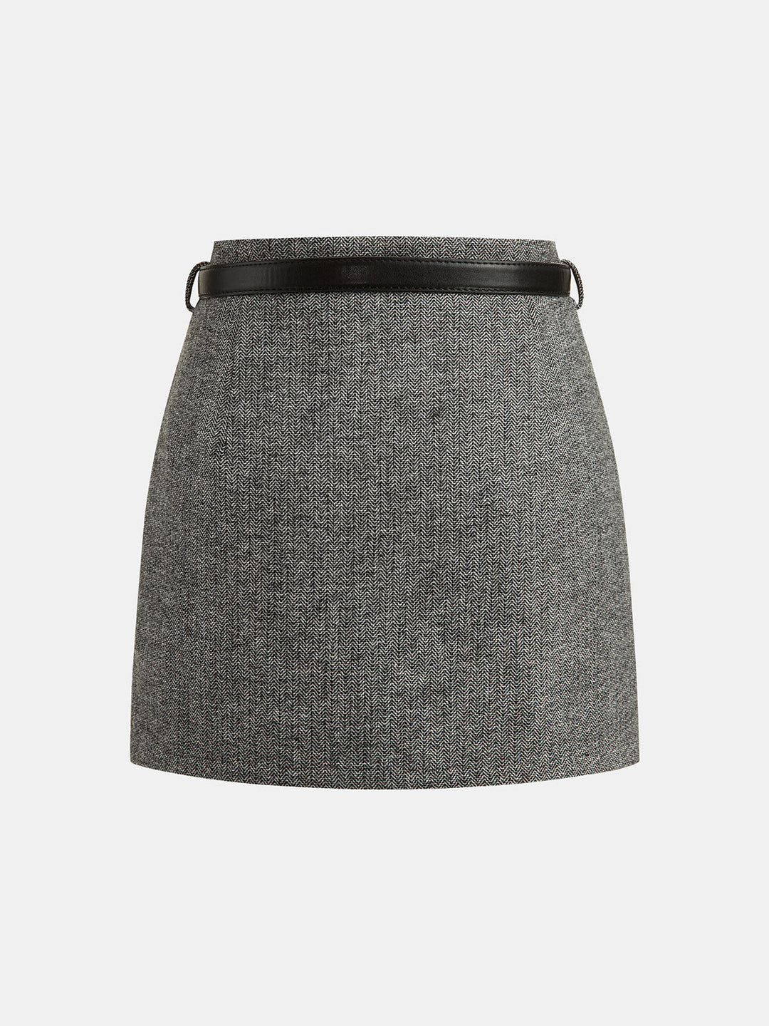 Belted Herringbone Wool Blend Mini Skirt