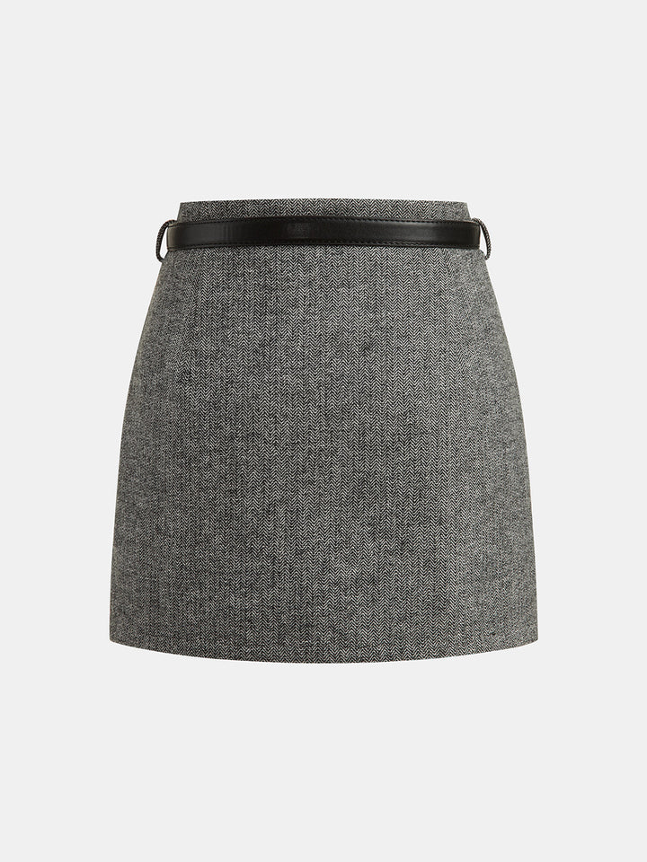 Belted Herringbone Wool Blend Mini Skirt