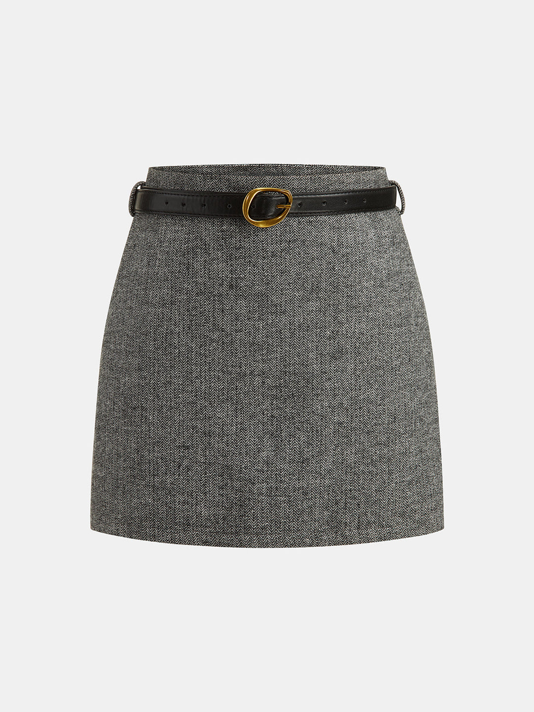 Belted Herringbone Wool Blend Mini Skirt