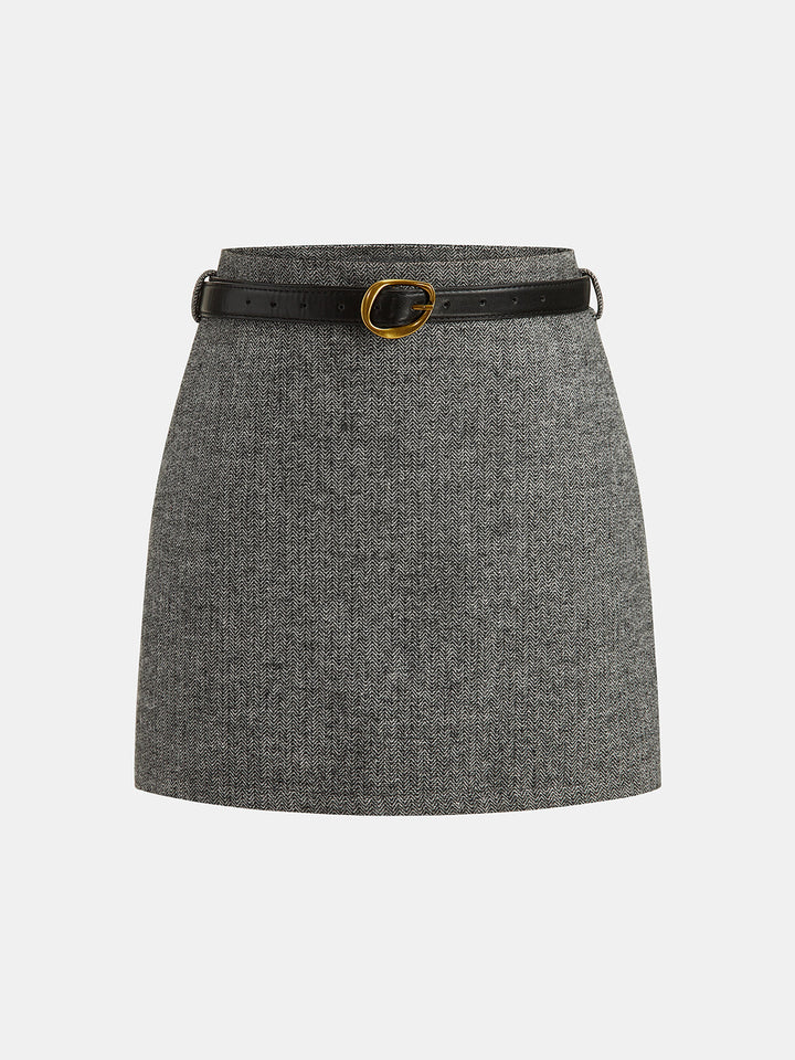 Belted Herringbone Wool Blend Mini Skirt
