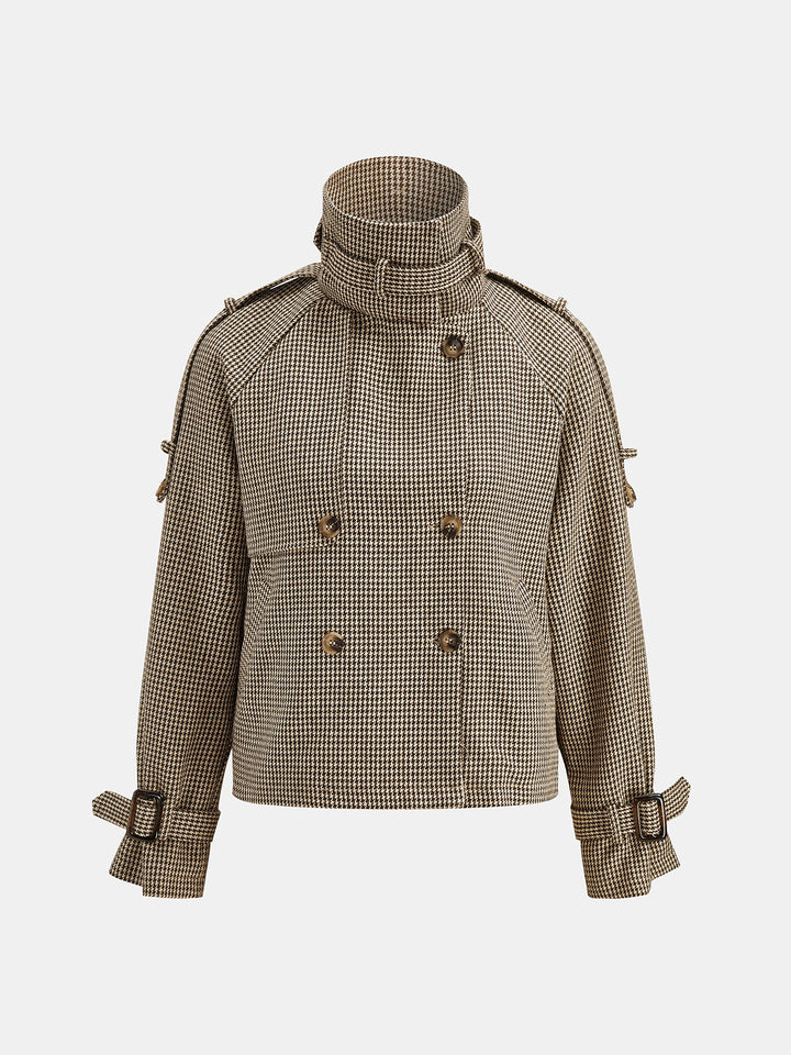 Houndstooth Double‑Breasted Trench Jacket