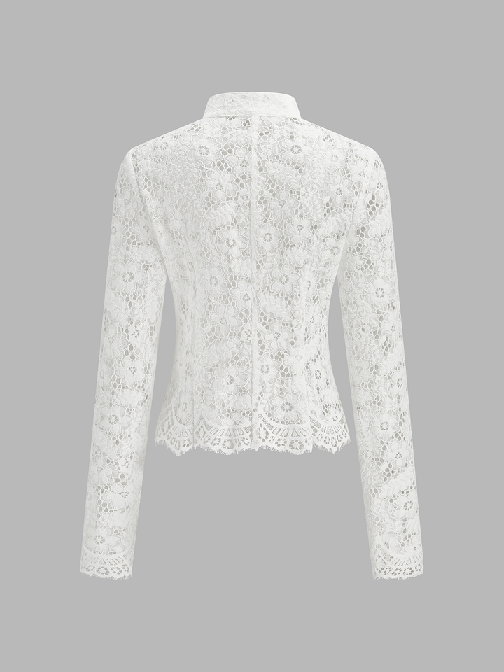 Mandarin Collar Lace Button-Up Top
