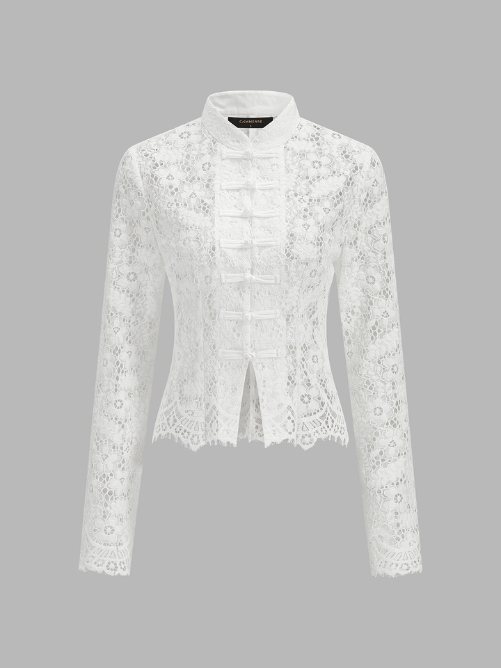 Mandarin Collar Lace Button-Up Top
