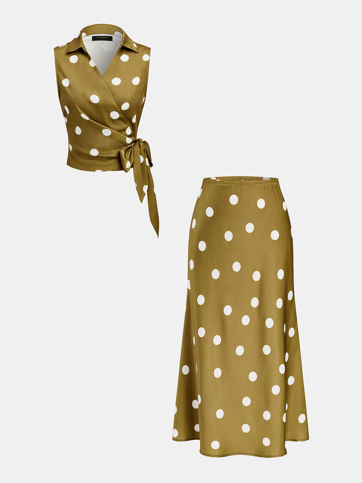 Polka Dot Satin Two Piece Skirt Set