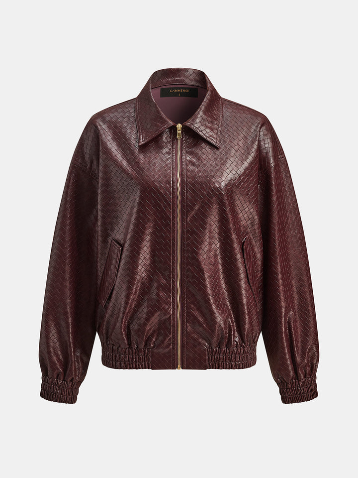 Woven Faux Leather Zip Bomber Jacket