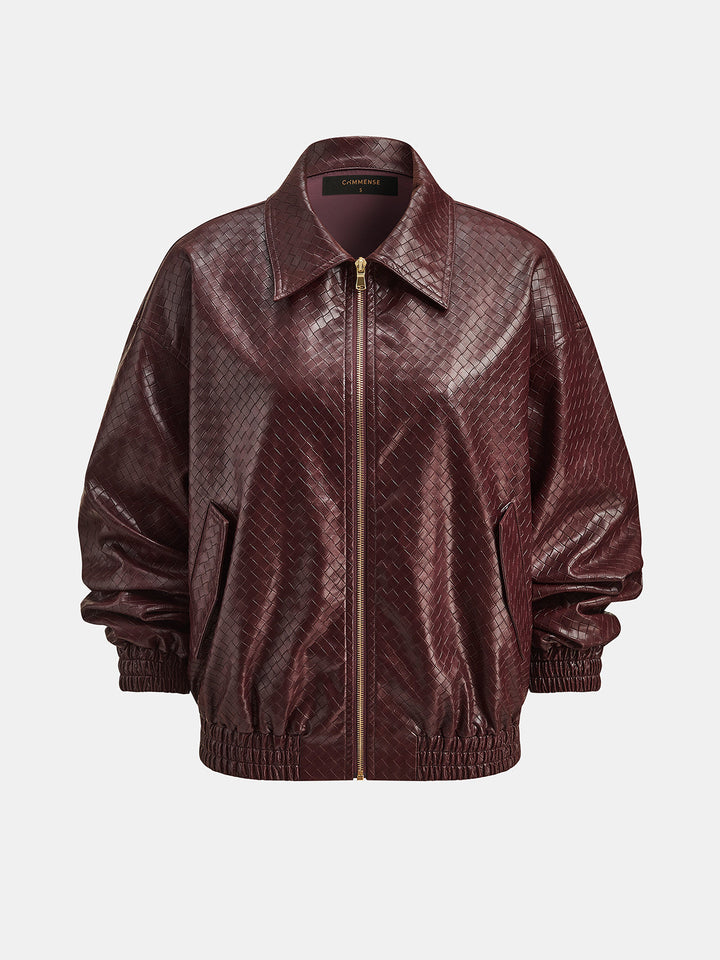 Woven Faux Leather Zip Bomber Jacket