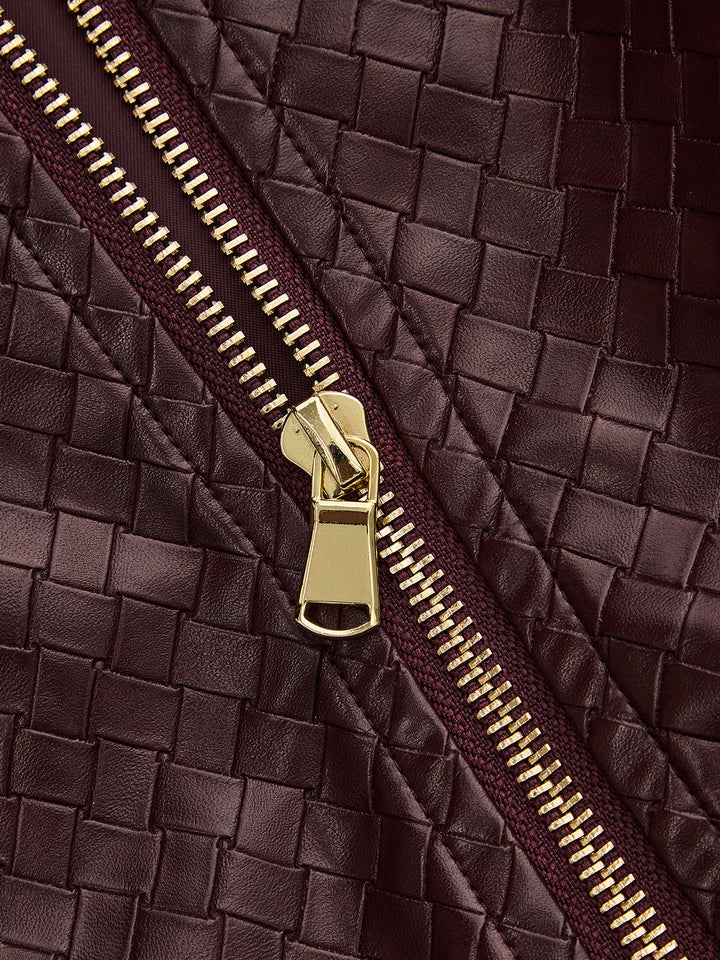Woven Faux Leather Zip Bomber Jacket