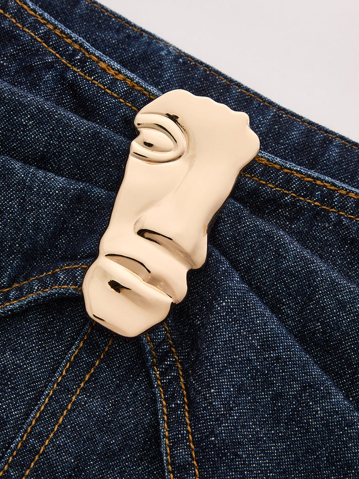 Decorative Buckle Twist Waist Straight Leg Jeans