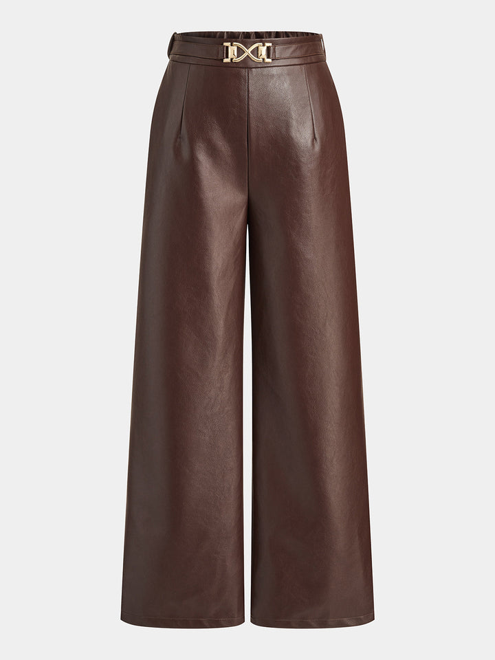 Metal Buckle Faux Leather Straight Leg Pants