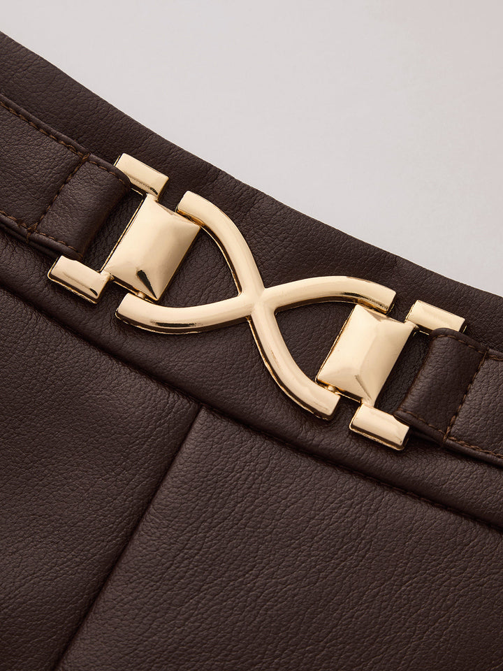 Metal Buckle Faux Leather Straight Leg Pants