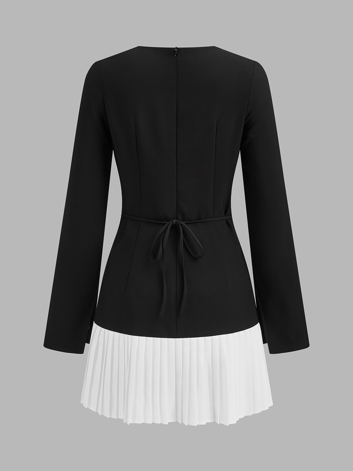 Metal Buckle Color Block Pleated Mini Dress