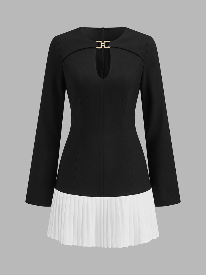 Metal Buckle Color Block Pleated Mini Dress