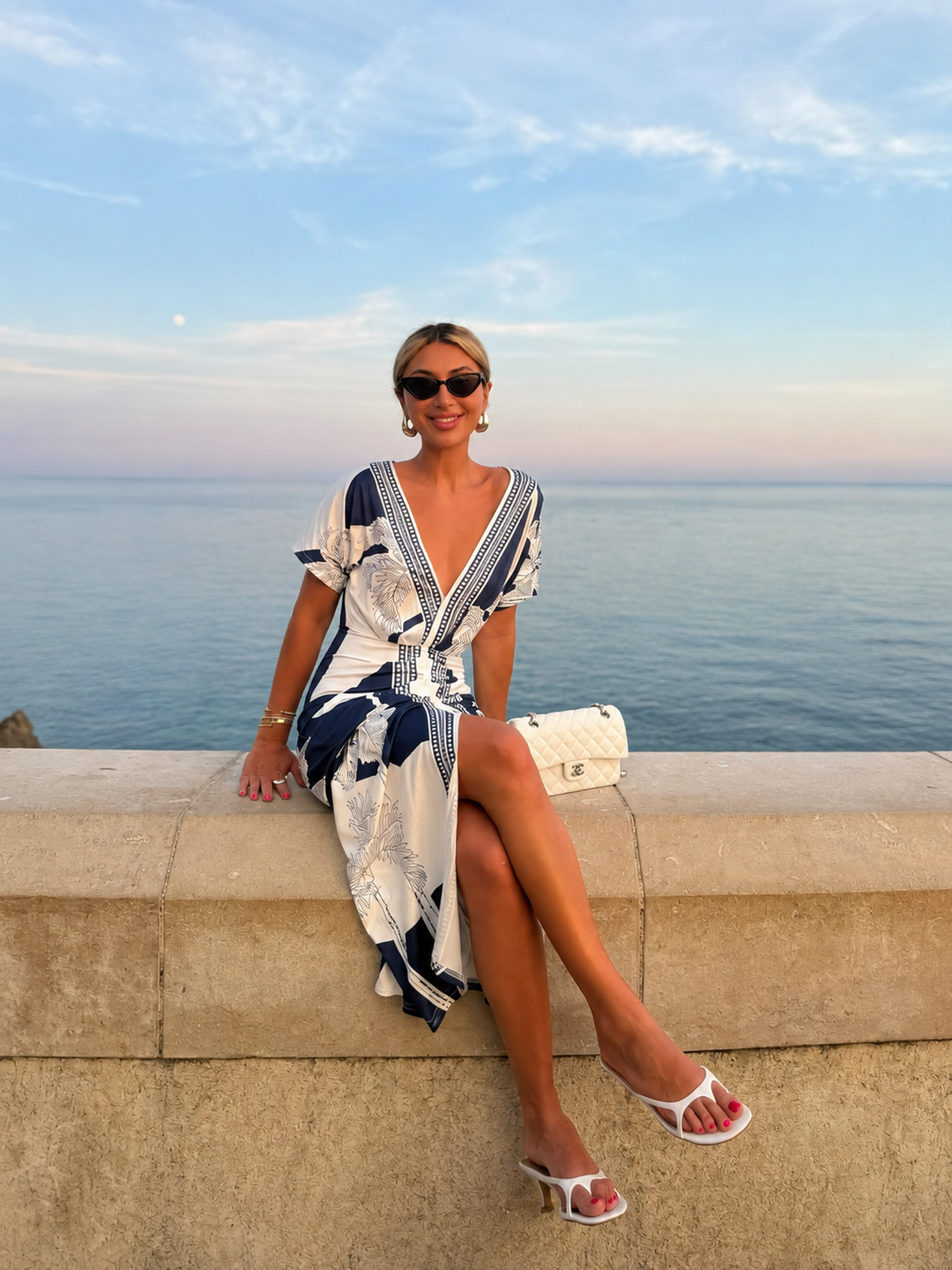 Printed Deep V-Neck Midi Dress Without Belt