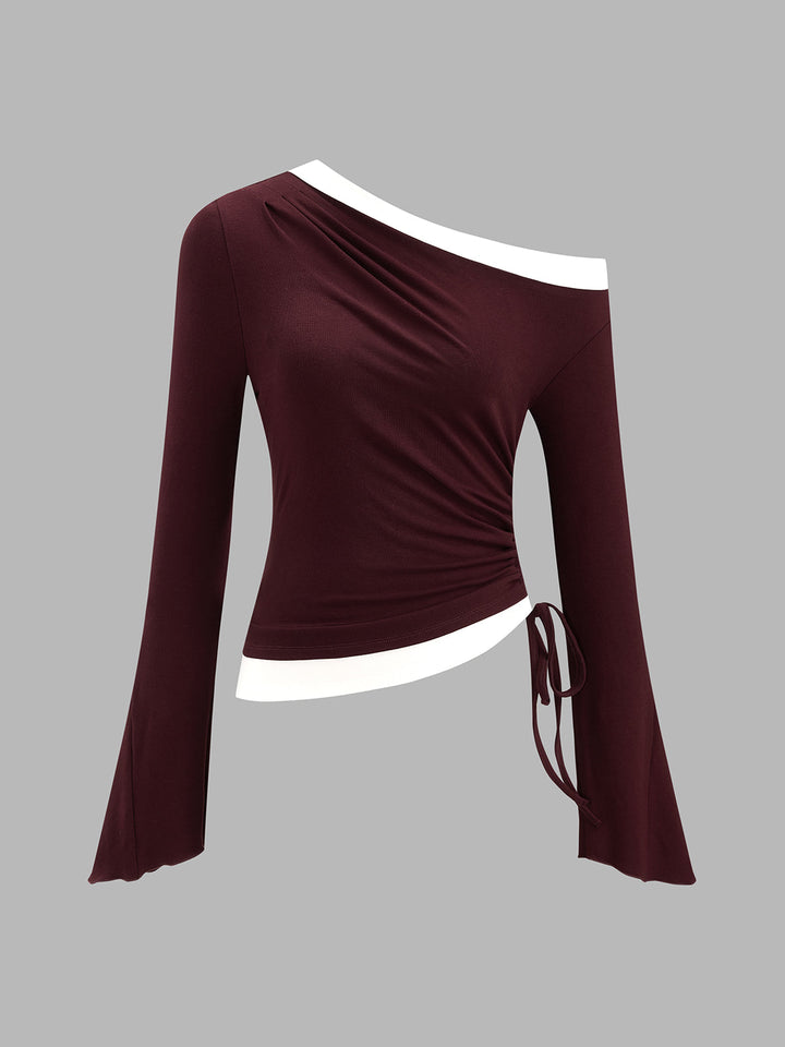 Color Block Off‑Shoulder Drawstring Top
