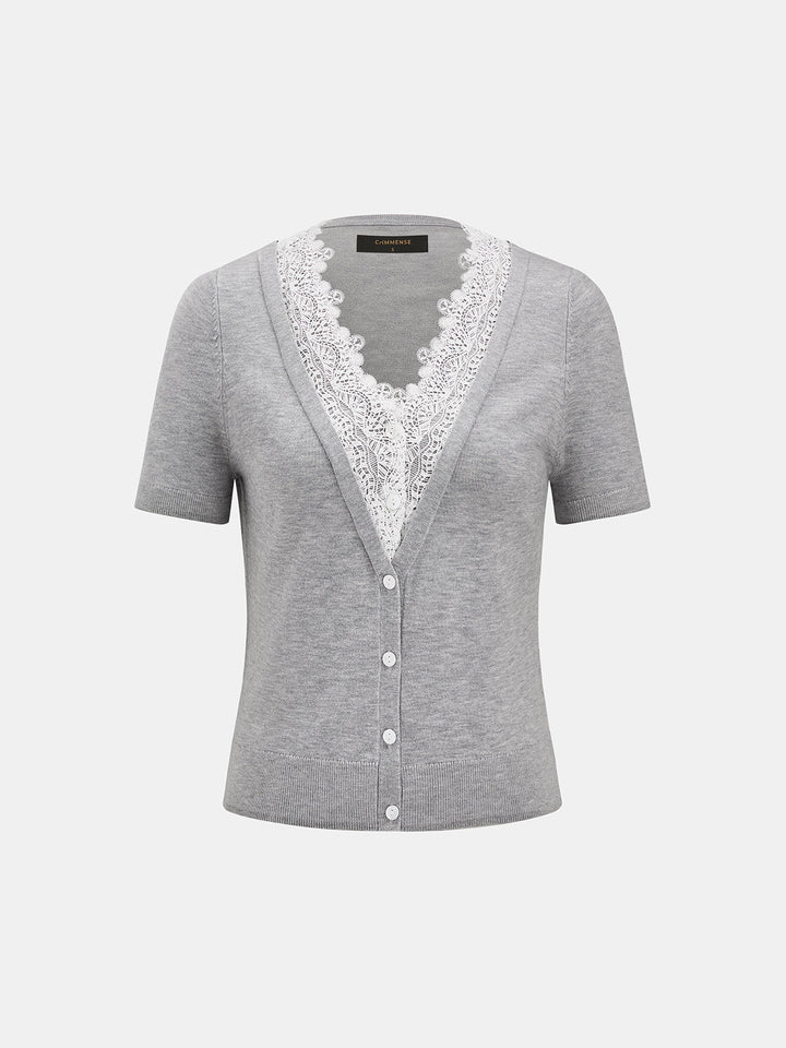 Lace Trim V‑Neck Short Sleeve Sweater