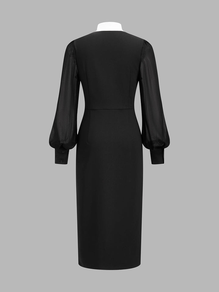 Contrast V‑Neck Sheer Sleeve Midi Dress