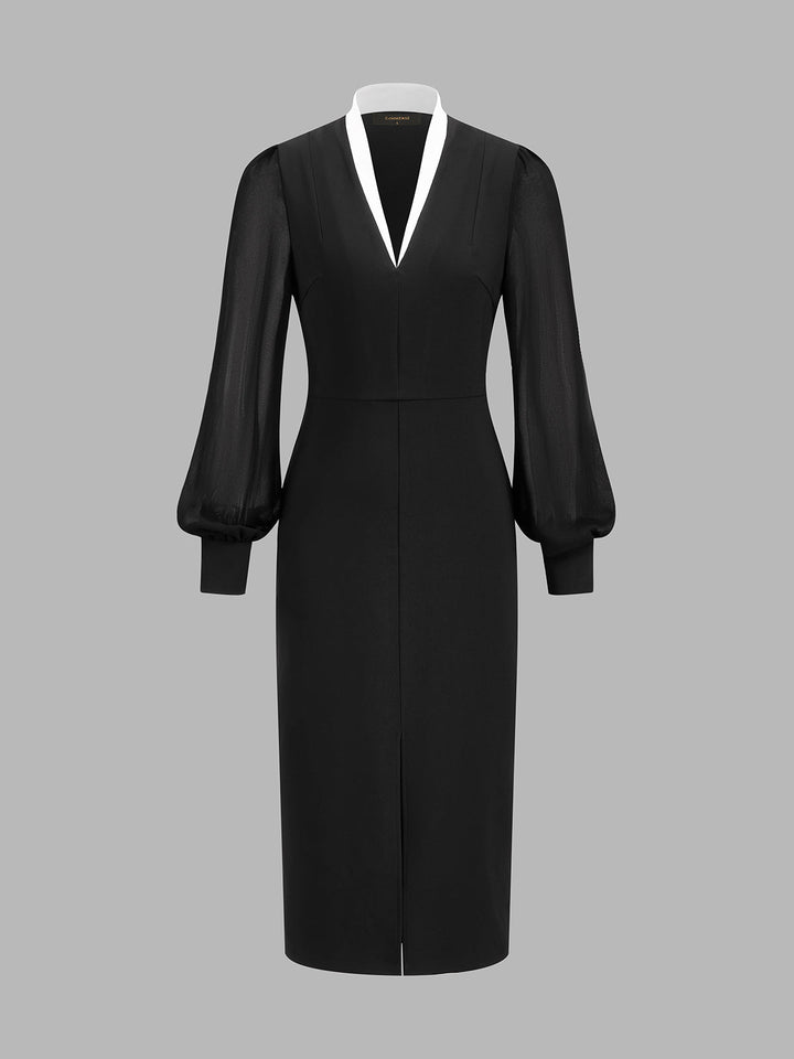Contrast V‑Neck Sheer Sleeve Midi Dress