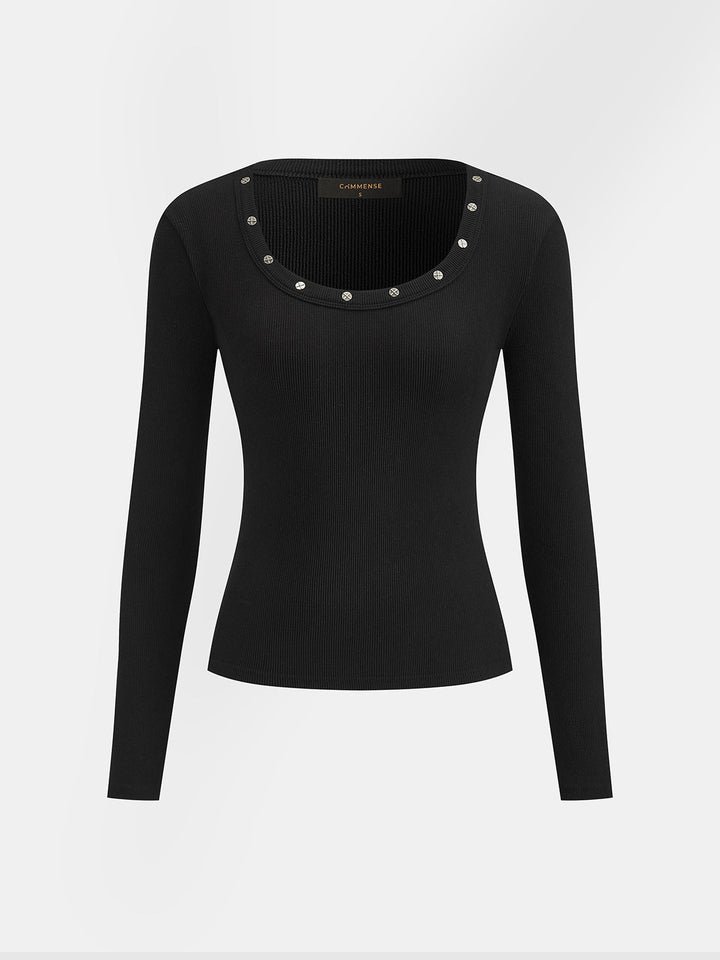 Studded U‑Neck Ribbed Long Sleeve Top