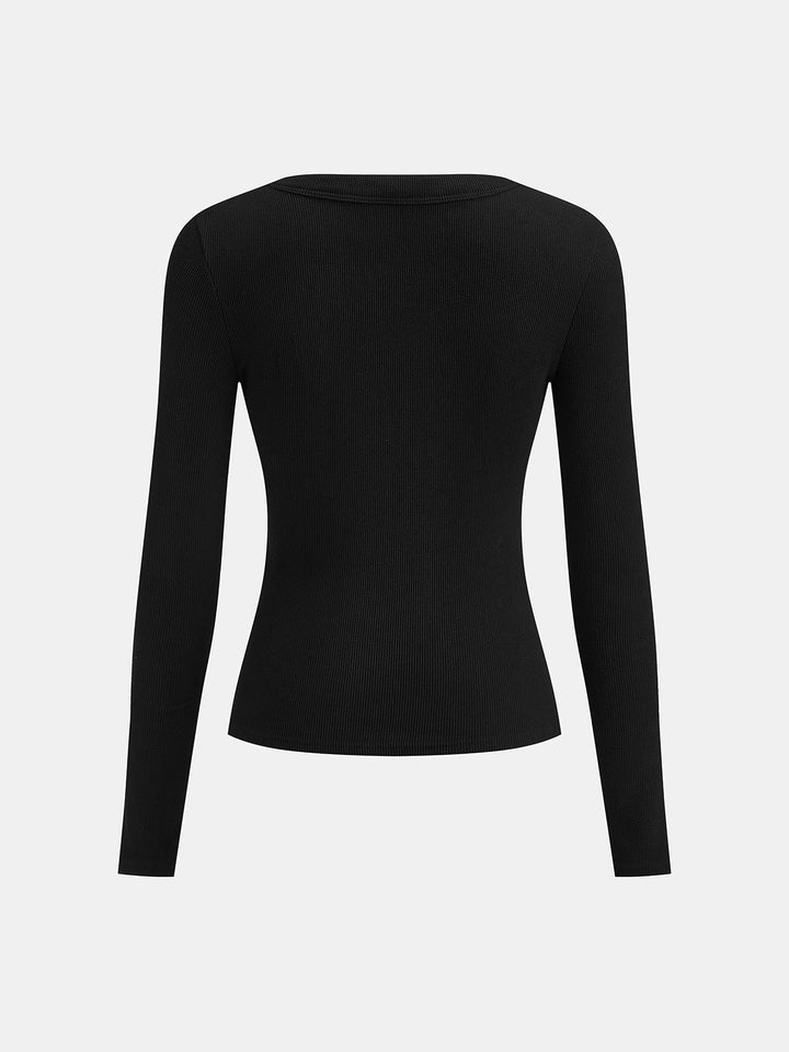 Studded U‑Neck Ribbed Long Sleeve Top