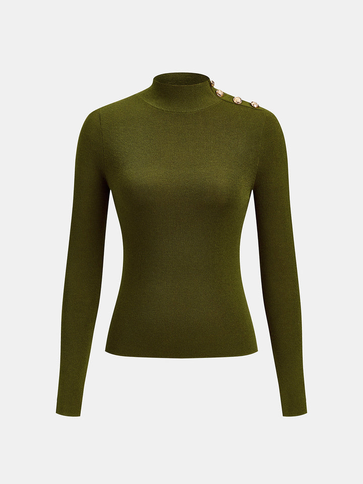 Mock Neck Shoulder Decorative Button Rib Knit Top