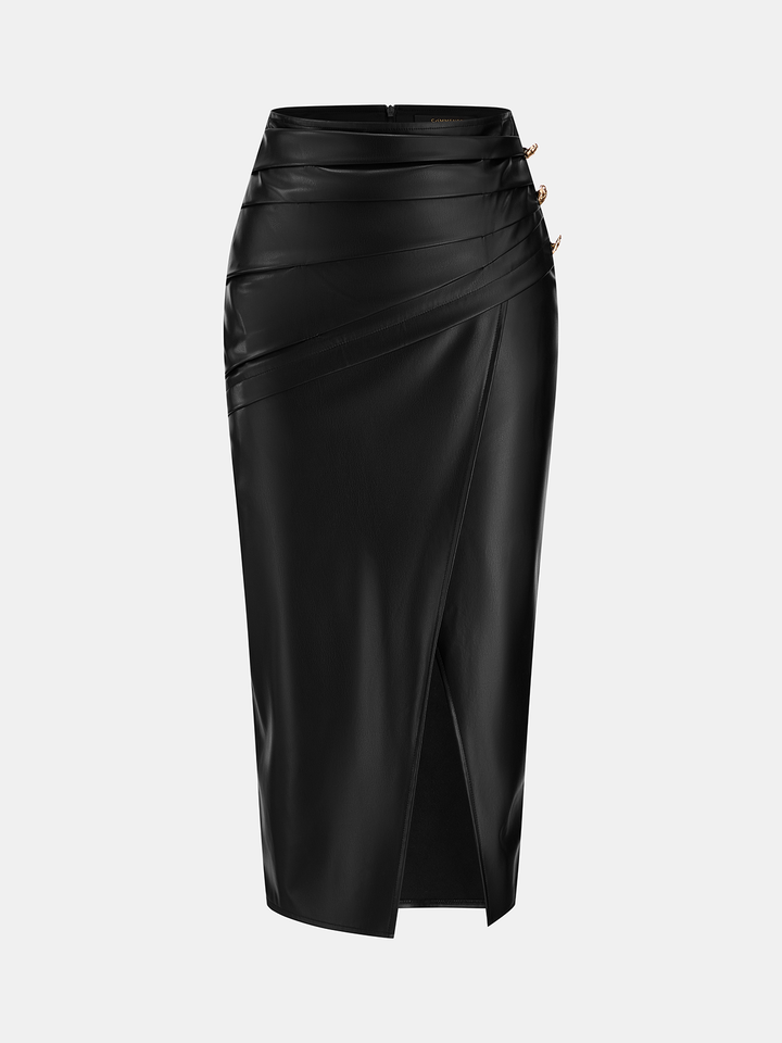 Ruched Faux Leather Wrap Slit Maxi Skirt