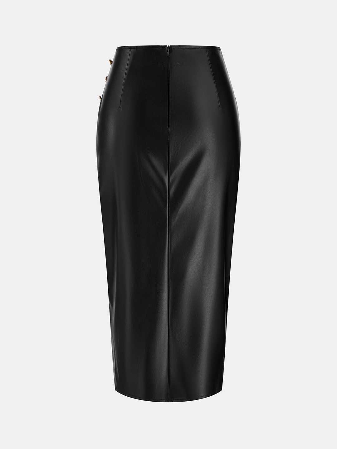 Ruched Faux Leather Wrap Slit Maxi Skirt