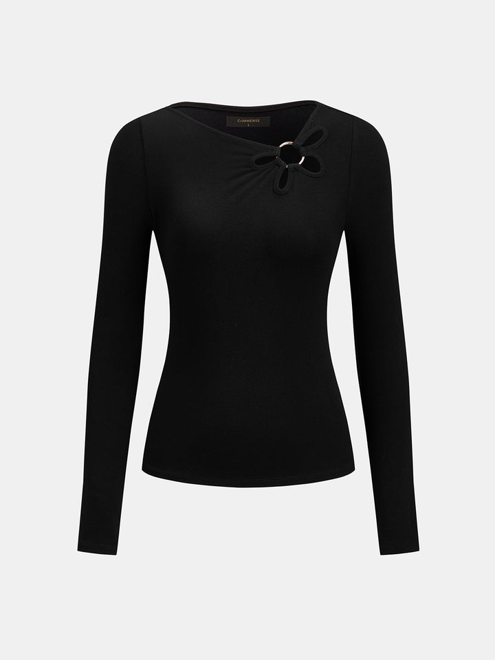 Floral Cutout Asymmetric Neck Long Sleeve Top