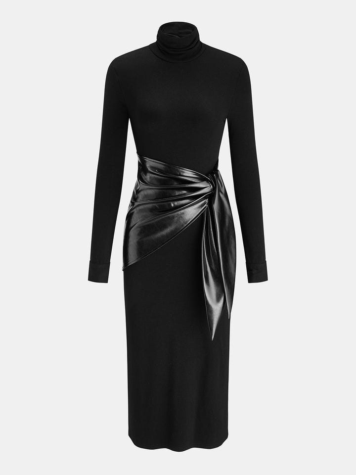Faux Leather Sash Turtleneck Maxi Dress